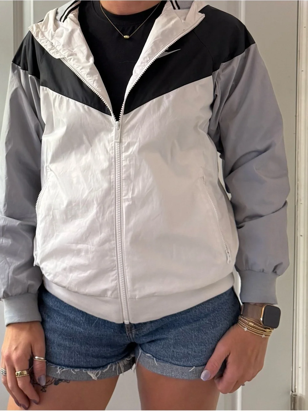 Nike Colorblock Hooded Windbreaker in Black, White & Light Gray